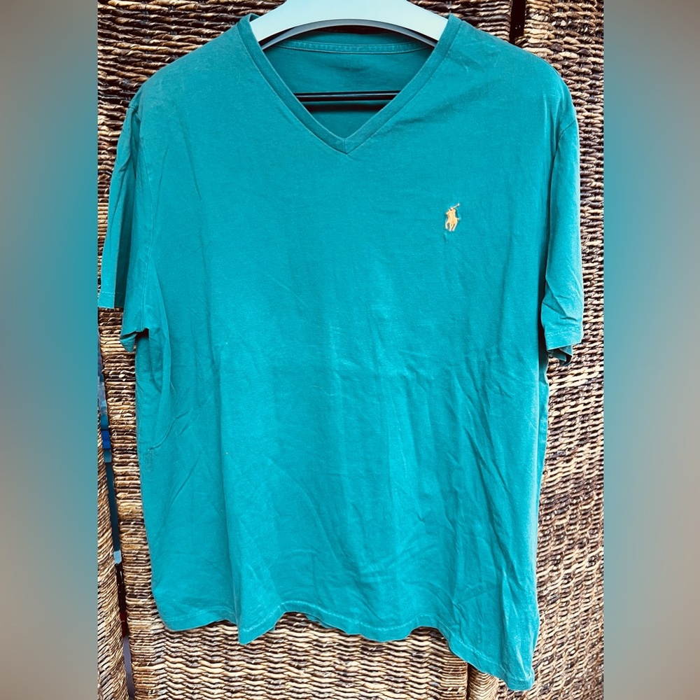 Polo by Ralph Lauren Men's Green V-Neck‎ Tee with Orange Logo, Pit to pit 22”